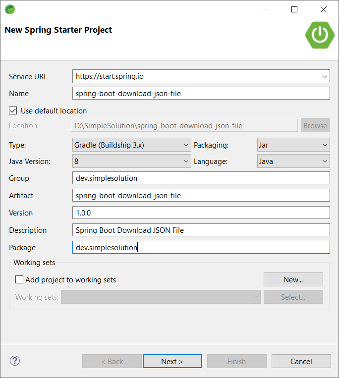 Spring Boot Web Application Export and Download JSON File - Create New Project