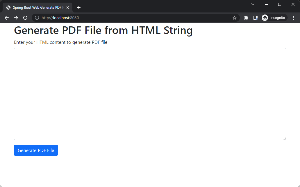 Spring Boot Web Convert HTML String to PDF File