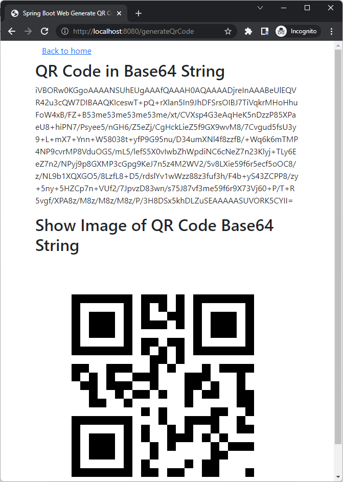 Spring Boot Web Generate and Display QR Code as Base64 String